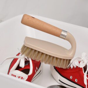 handheld laundry scrub brush with wooden handle and durable bristles for stain cleaning