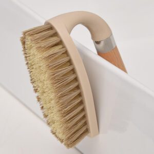 handheld laundry scrub brush with wooden handle and durable bristles for stain cleaning