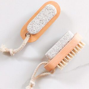double-sided bamboo wooden nail brush with soft bristles and pumice stone scrubber