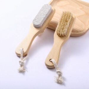 double-sided wooden foot file brush with pumice stone and bristles for foot care and exfoliation