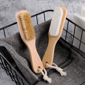 double-sided wooden foot file brush with pumice stone and bristles for foot care and exfoliation