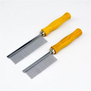 double sided metal pet grooming comb with wooden handle for dogs and cats