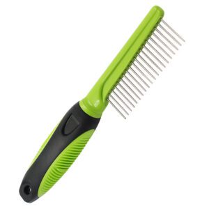 green and black stainless steel pet detangling comb for dogs and cats