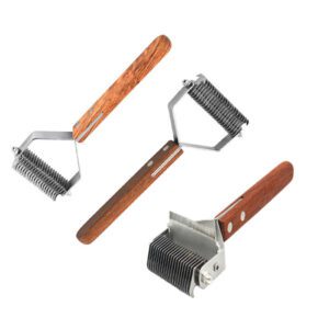 pet dematting comb with stainless steel blades and wooden handle for dogs and cats