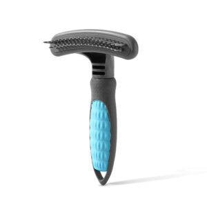 stainless steel pet deshedding brush with ergonomic handle for dogs and cats