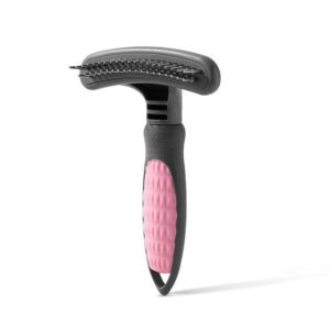 stainless steel pet deshedding brush with ergonomic handle for dogs and cats