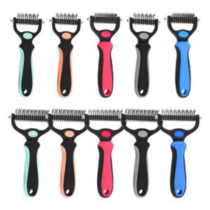 dog grooming deshedding comb with stainless steel teeth and ergonomic handle