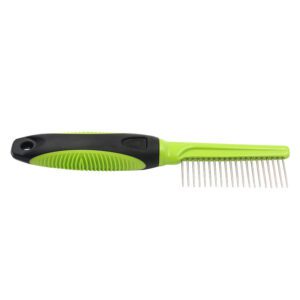 green and black stainless steel pet detangling comb for dogs and cats