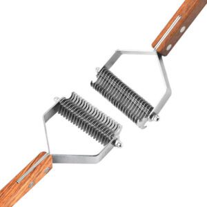 pet dematting comb with stainless steel blades and wooden handle for dogs and cats
