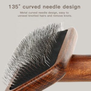 wooden handle slicker brush with fine stainless steel pins for dog grooming and detangling