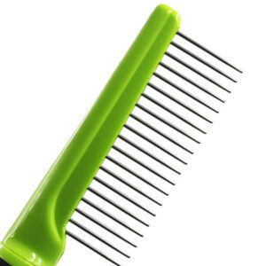 green and black stainless steel pet detangling comb for dogs and cats