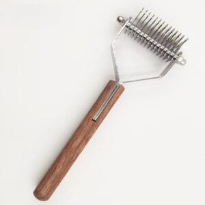 pet dematting comb with stainless steel blades and wooden handle for dogs and cats