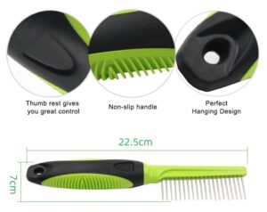 green and black stainless steel pet detangling comb for dogs and cats
