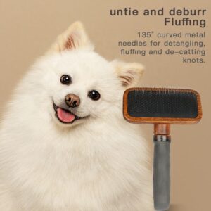 wooden handle slicker brush with fine stainless steel pins for dog grooming and detangling