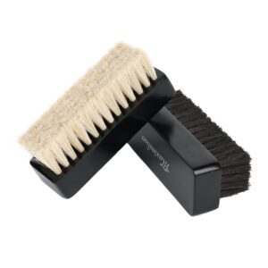 black wooden shoe brush with soft light and dark horsehair bristles for leather shoe polishing and cleaning