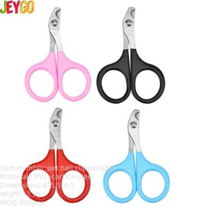 Colorful stainless steel pet nail clippers with non-slip handles for safe cat nail trimming and pet grooming.