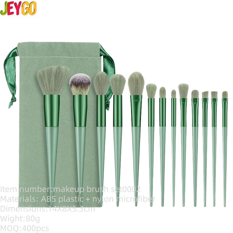Professional green makeup brush set with storage pouch, featuring synthetic powder brushes, angular flat contour brushes, blending brushes, and precision eye makeup tools for flawless cosmetic application.