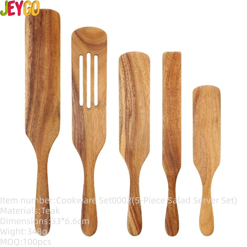 Five-piece teak wood kitchen utensil set featuring spatulas and stirring tools for nonstick cookware, salad preparation, cooking, mixing, and serving food