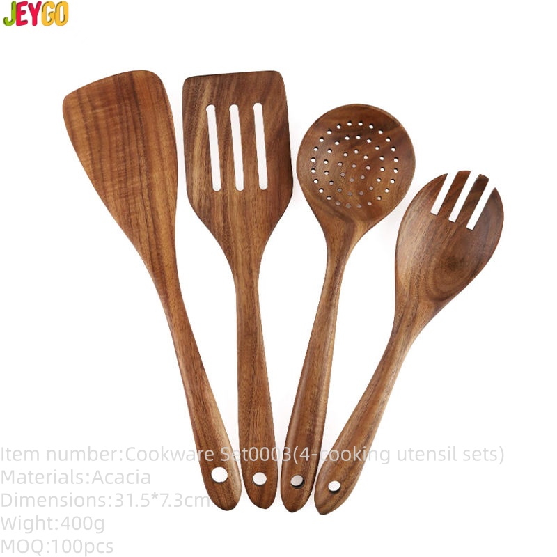 Four-piece set of natural teak wooden kitchen utensils, including spoons and spatulas, designed for cooking with non-stick cookware and daily food preparation