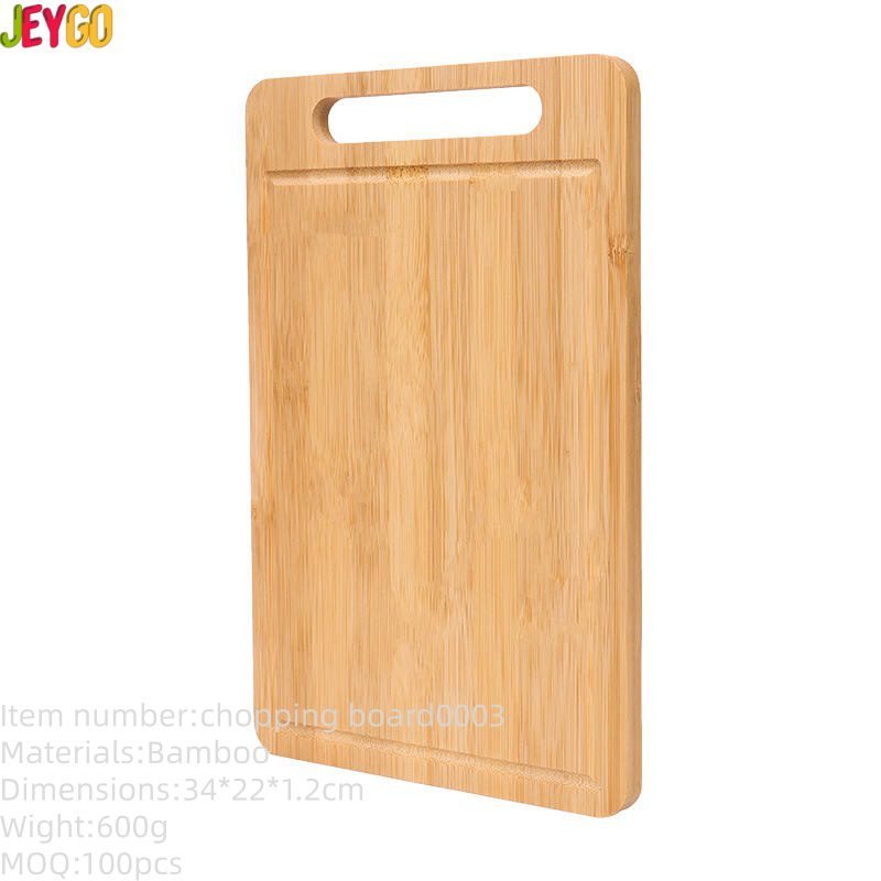 natural bamboo cutting board with built-in handle and juice groove for chopping, slicing and serving food