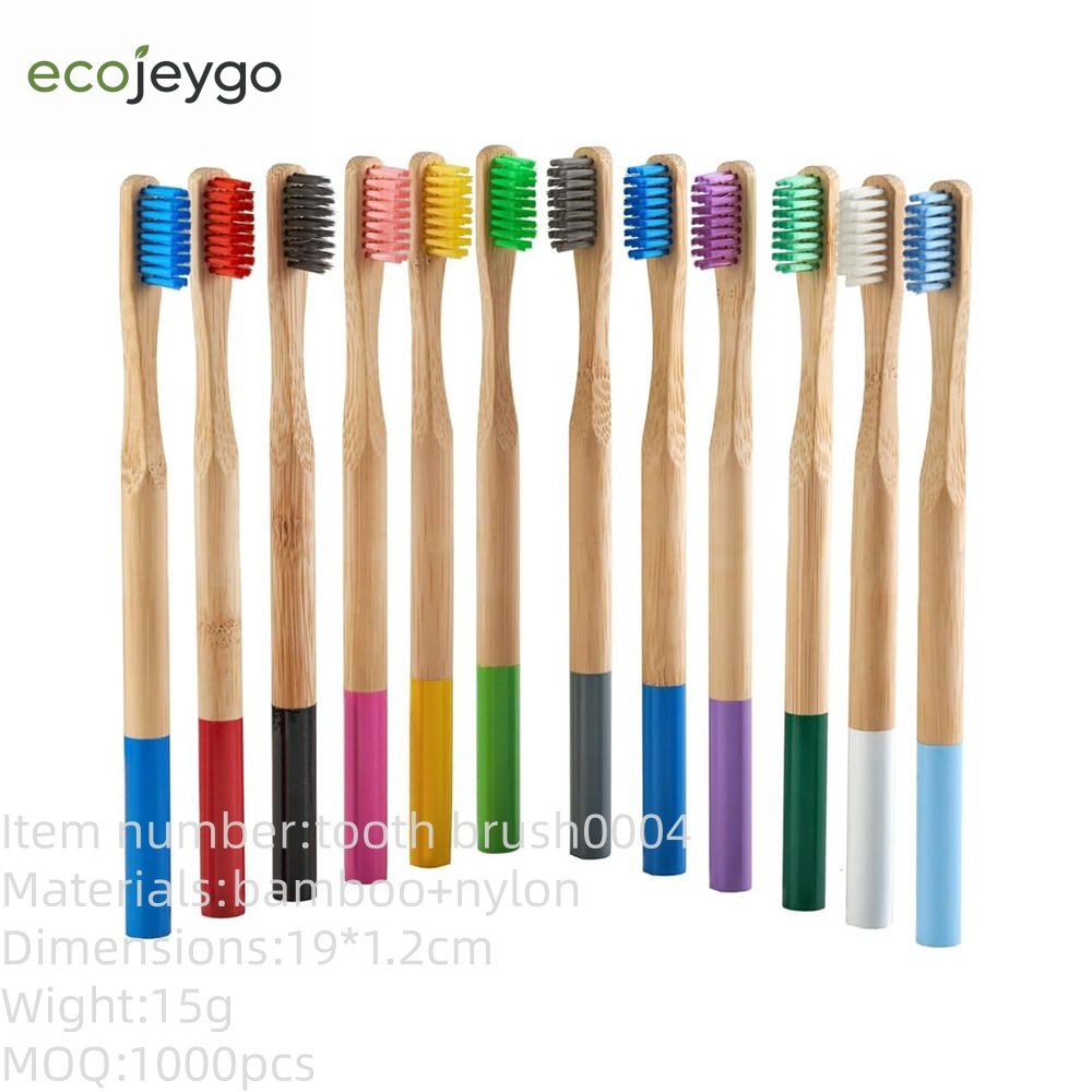 Set of eco-friendly bamboo toothbrushes with medium nylon bristles, customizable with logo and packaging, ideal for adult home use and bulk wholesale orders