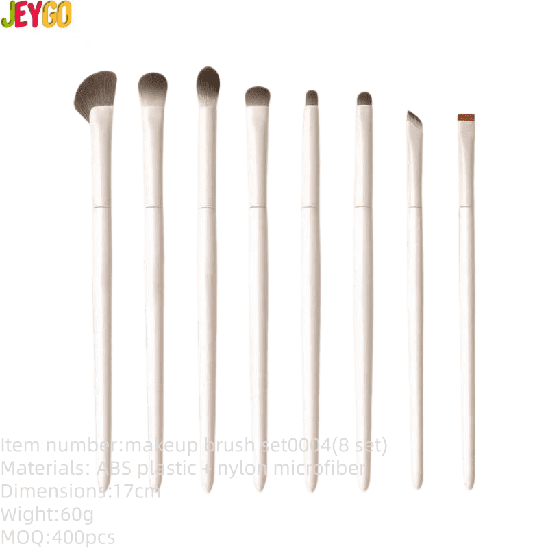 Professional 8-piece makeup brush set with ultra-soft synthetic bristles, including eyeshadow, blending, highlighter, crease, eyeliner, and angled detail brushes for precise makeup application.