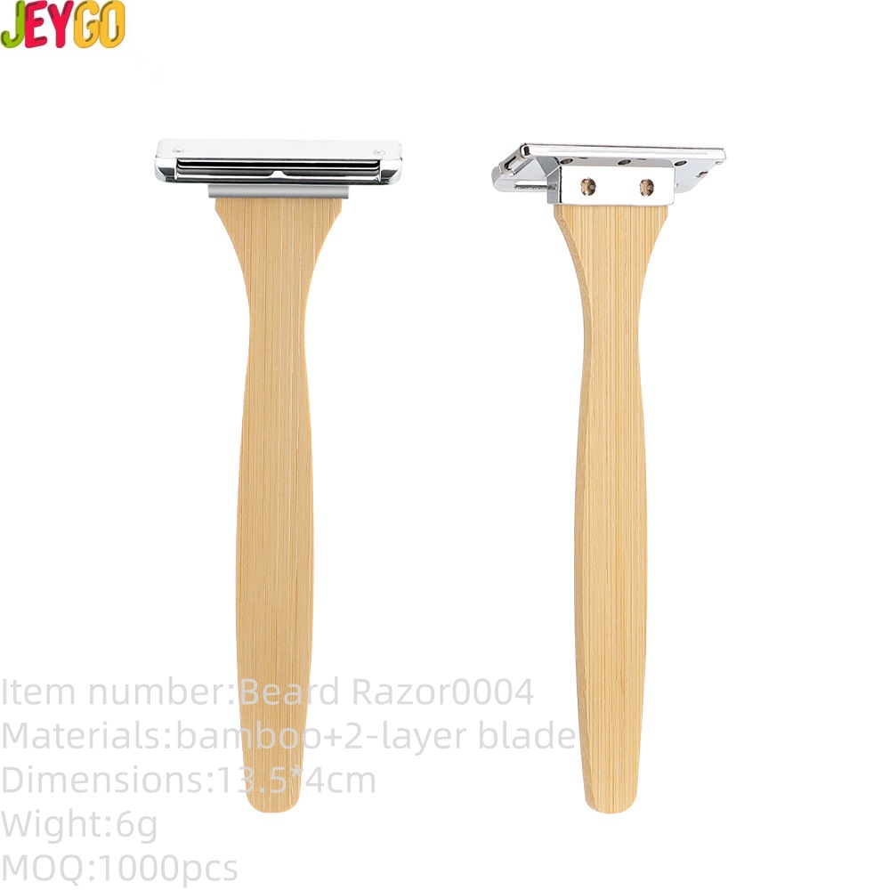 Bamboo system razor with dual stainless steel blades and natural wooden handle, designed for hotel amenities and sustainable shaving.