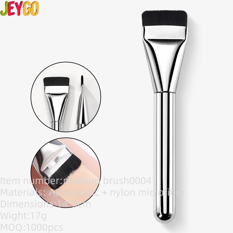Professional flat foundation brush with ultra-thin dense synthetic bristles and silver handle, designed for seamless liquid foundation, contouring, and precise face makeup application.