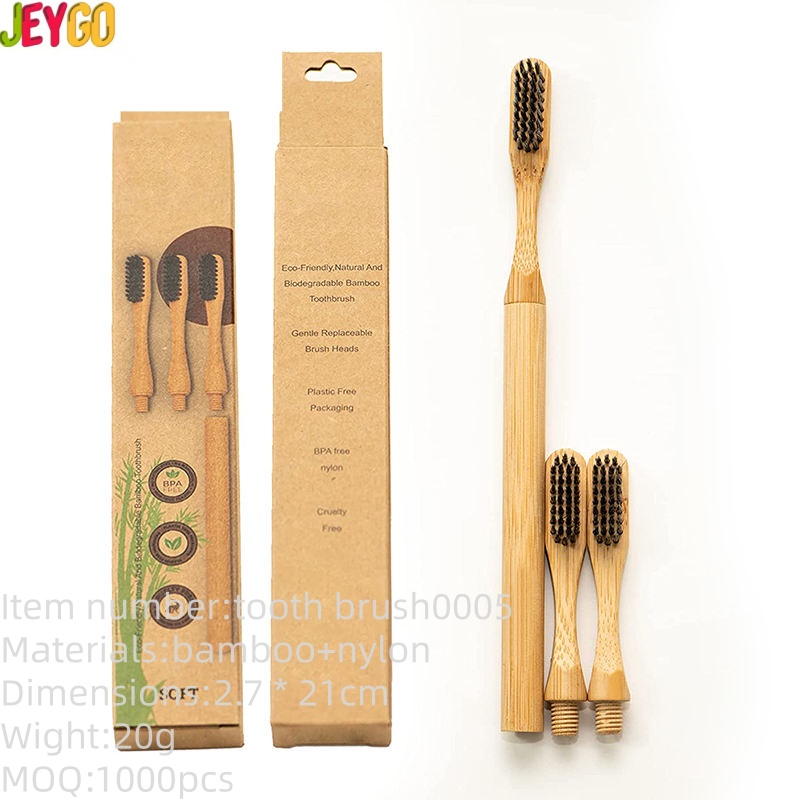 Eco-friendly bamboo toothbrush with detachable medium nylon bristle heads, biodegradable handle, suitable for adult oral care, travel, and private label branding