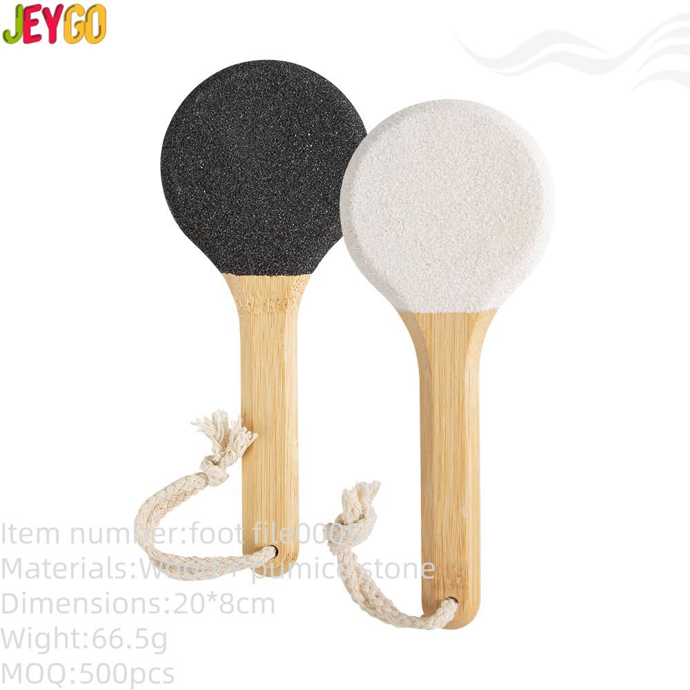 Round double-sided foot file with bamboo handle, pumice stone and abrasive surface for removing cracked heels and hard dead skin