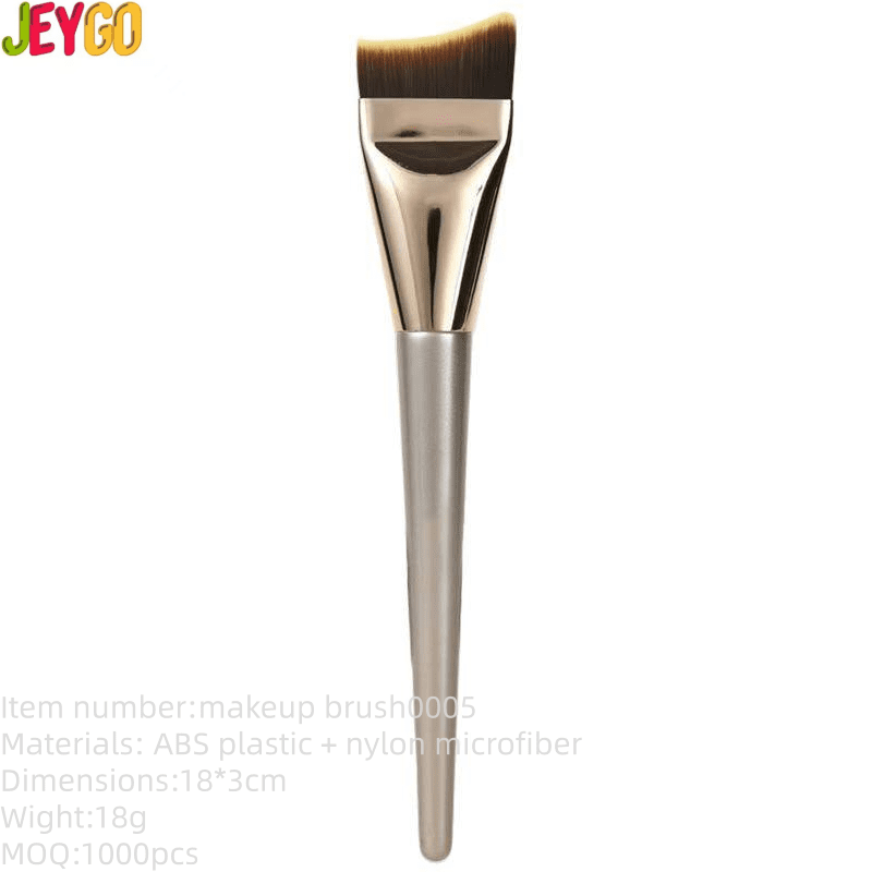 Professional slanted foundation brush with angled synthetic bristles and metallic handle, designed for contouring, concealer blending, foundation application, and detailed facial makeup.