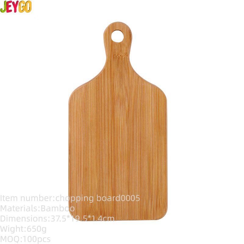 large bamboo cutting board with rounded handle and hanging hole for food preparation and serving