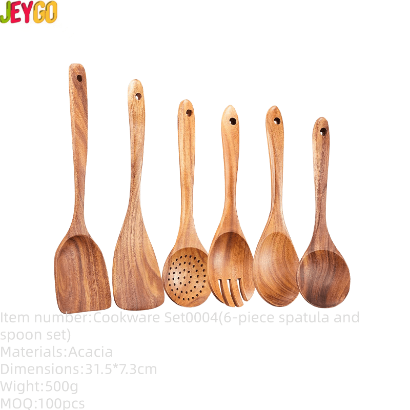 Six-piece teak wood kitchen utensil set featuring long-handle spatulas, cooking spoons, slotted spoon, and serving utensils for non-stick cookware and everyday cooking
