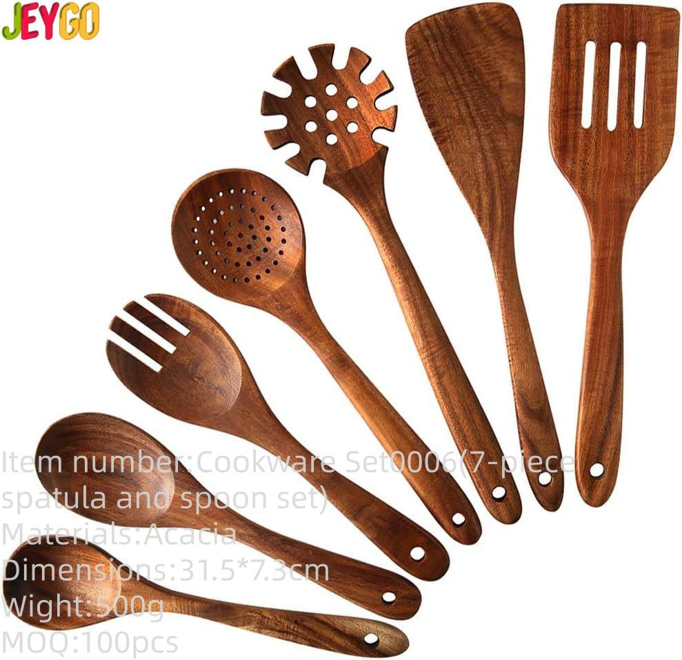 Seven-piece acacia wood cooking utensil set including spatulas, serving spoons, pasta server, slotted spoon, and cooking tools designed for non-stick cookware and kitchen use