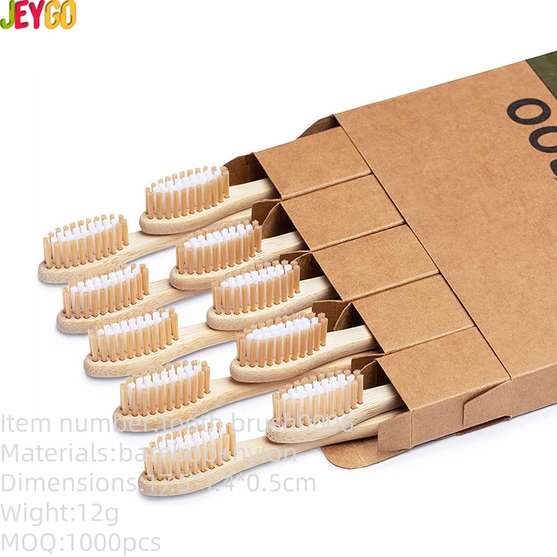 Set of bamboo toothbrushes with medium nylon bristles, natural wood handles, recyclable packaging, suitable for adult home use and sustainable oral care