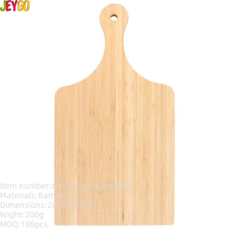 double-sided bamboo cutting board with paddle handle and hanging hole for chopping, slicing, and serving food