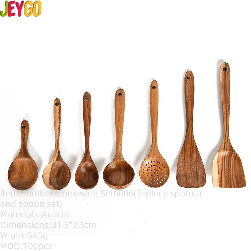 Seven-piece teak wood kitchen utensil set featuring cooking spoons, soup ladles, slotted spoon, spatulas, and serving tools designed for non-stick cookware and daily meal preparation
