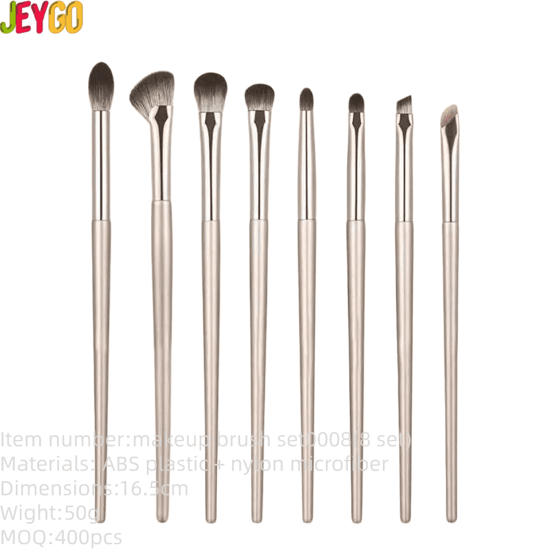 8-piece professional eye makeup brush set with gold handles and soft synthetic bristles for eyeshadow, crease blending, angled brows, and precise eye detailing.