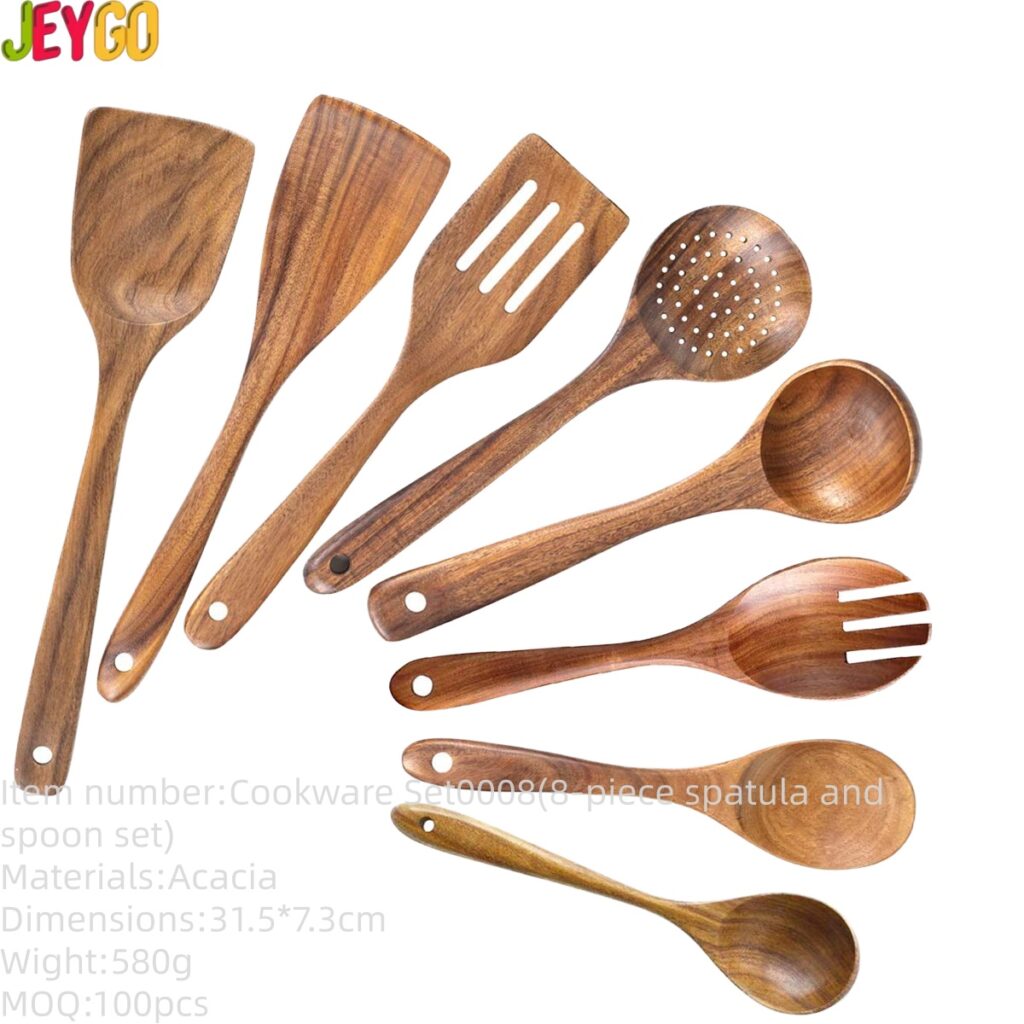 Eight-piece acacia wood kitchen utensil set including spatulas, slotted spoon, serving spoons, and stirring tools for non-stick cookware and everyday cooking