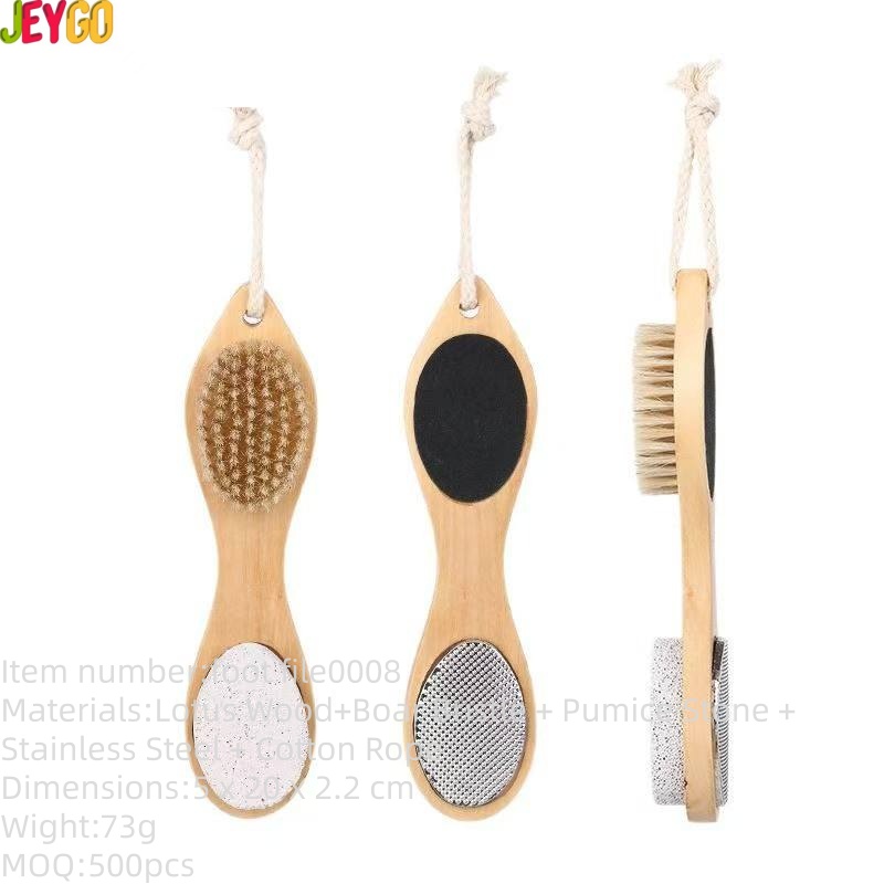 Multi-function wooden foot file featuring bristle brush, abrasive sanding surface, stainless steel rasp, and pumice stone for complete pedicure care