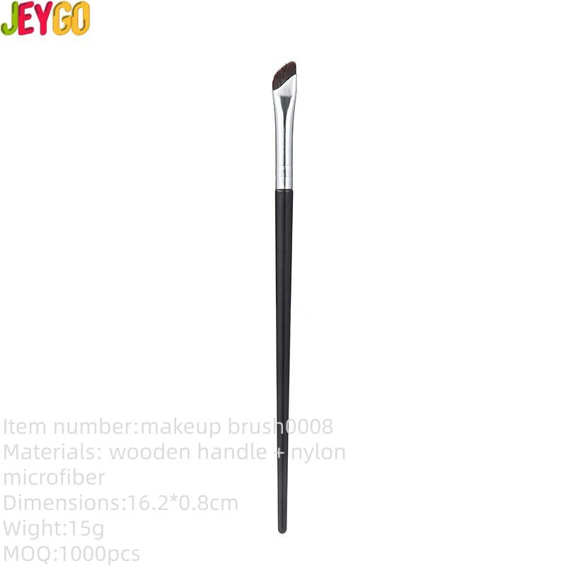 Professional angled eyeliner makeup brush with synthetic bristles, slim black wooden handle, and precision-cut tip for eyebrow definition, eyeliner application, and detailed makeup work.