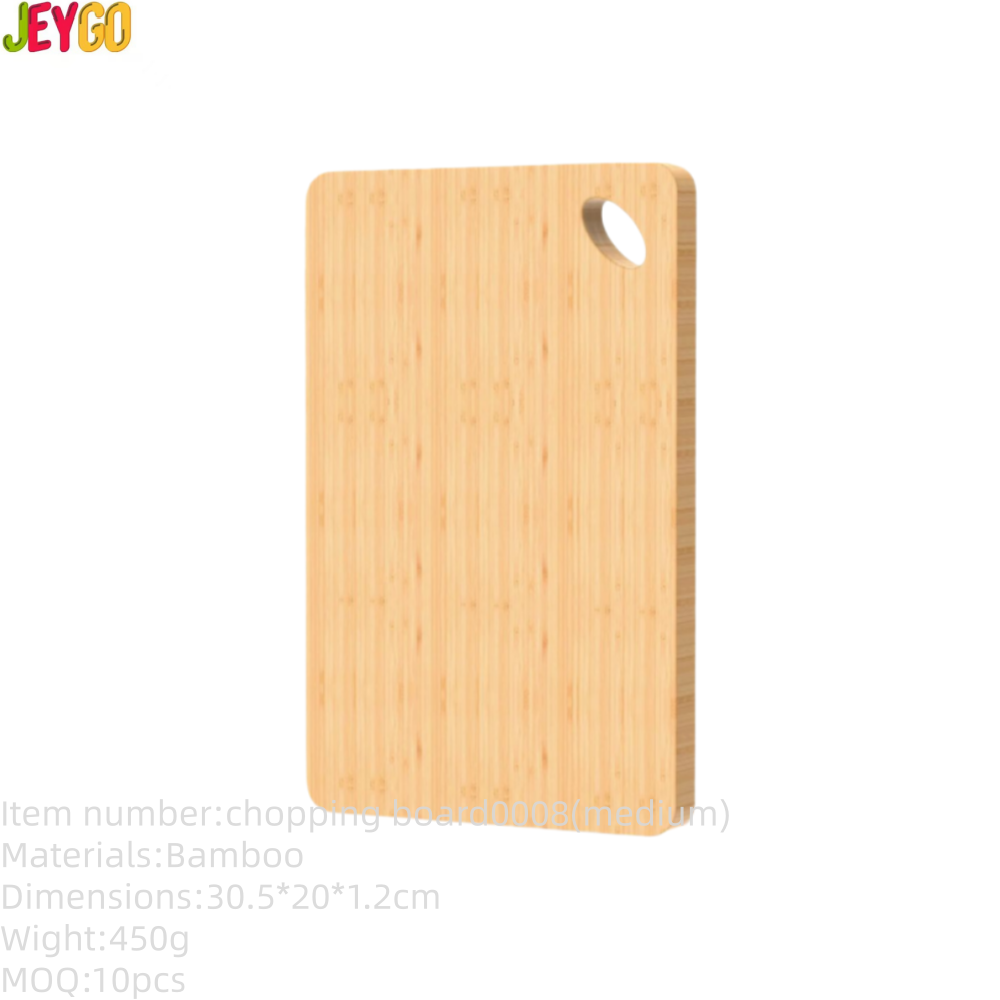 rectangular bamboo cutting board with rounded corners and hanging hole for food preparation and kitchen storage