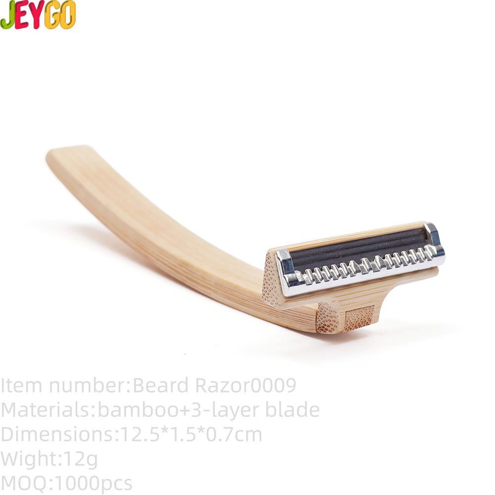Men’s five-blade disposable manual razor with natural beech wood handle and stainless steel blades for safe face shaving.