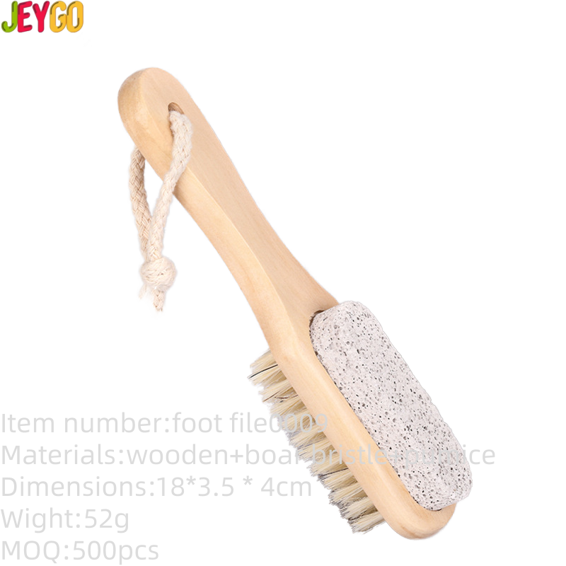 Wooden foot scrubber featuring natural boar bristles and pumice stone for exfoliating dead skin, cleaning feet, and removing calluses