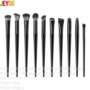 10-piece black eye makeup brush set with soft synthetic bristles, including angled, flat, blending, crease, and detail brushes, perfect for eyeshadow, eyeliner, and eyebrow application.