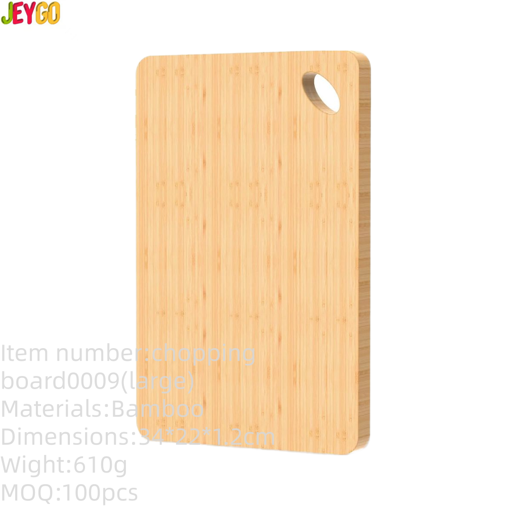 rectangular bamboo cutting board with rounded corners and hanging hole for food preparation and kitchen storage