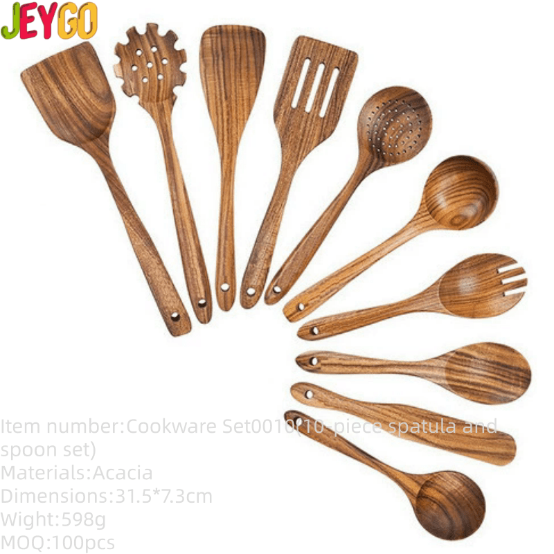 Ten-piece acacia wood kitchen utensil set including spatulas, slotted spoons, soup spoons, pasta server, and cooking utensils, ideal for non-stick cookware and daily meal preparation