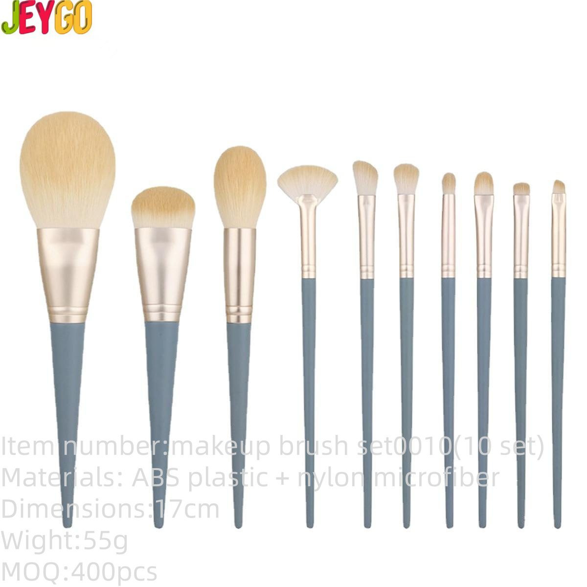 Set of 10 portable makeup brushes with soft synthetic bristles and plastic handles, ideal for face, eyeshadow, blush, contour, and precise makeup application.