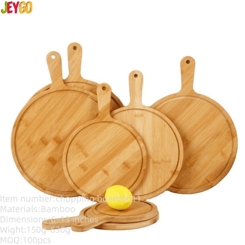 round bamboo pizza board with paddle handle and juice groove for serving pizza, cheese, bread and appetizers