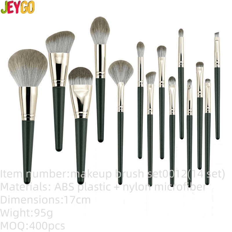 14-piece luxury makeup brush set featuring dark green wood handles, soft synthetic bristles, and professional face and eye brushes for foundation, concealer, powder, blush, and eyeshadow application.